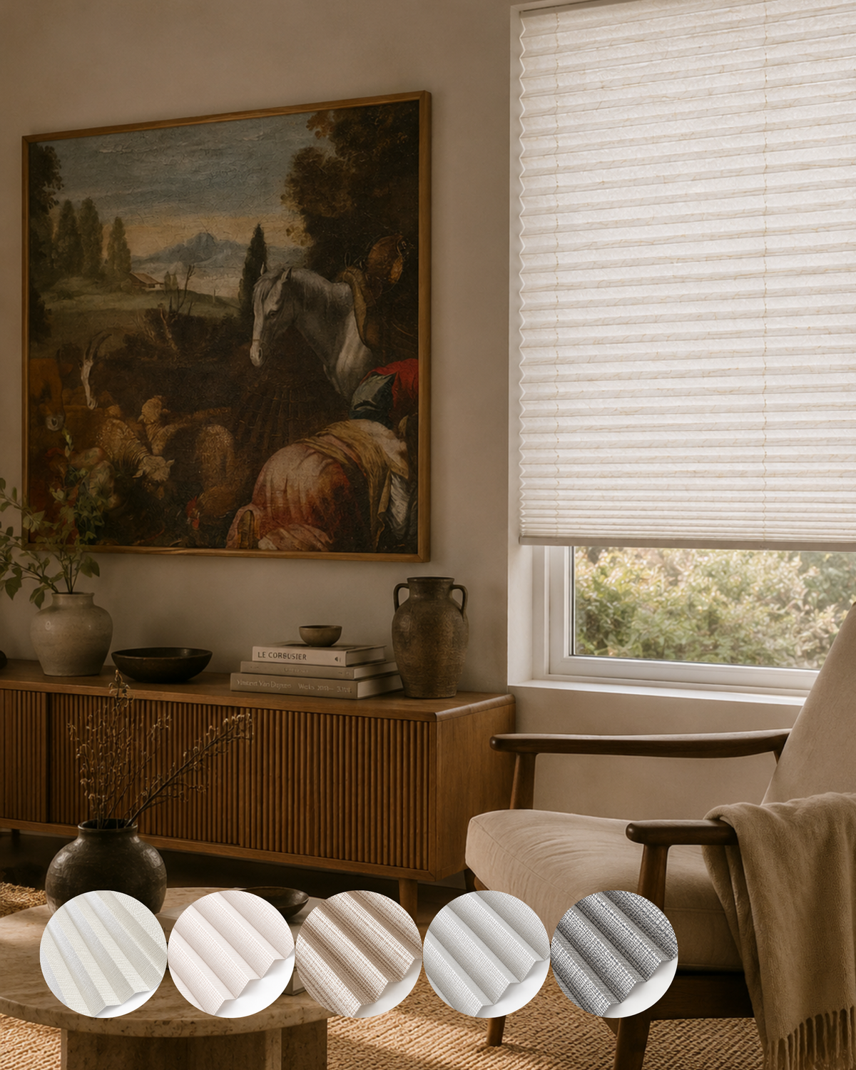Deco pleated blind fabric in a modern interior