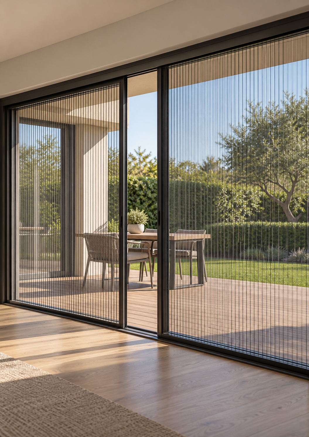 Pleated insect screen mesh overlooking a garden
