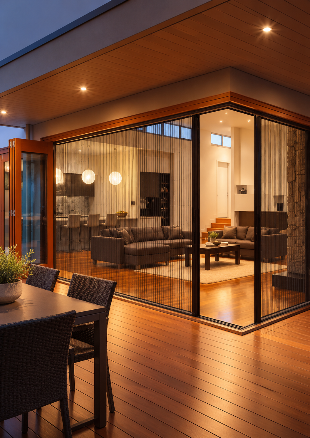 Pleated insect screen mesh installed on a large glass door